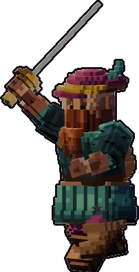 Papermini de enano bardo con estilo de bloques, en pose ataque a una mano