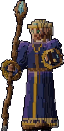 Papermini de elfo mago con estilo de bloques, en pose con bastón