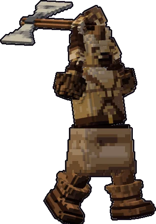 Papermini de gnoll bárbaro con estilo de bloques, en pose ataque a dos manos