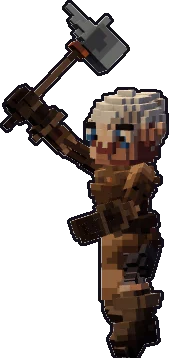 Papermini de gnoma herrera con estilo de bloques, en pose ataque a una mano