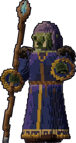 Papermini de orco mago con estilo de bloques, en pose con bastón
