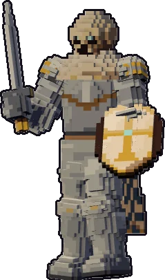 Papermini de esqueleto paladín con estilo de bloques, en pose en guardia