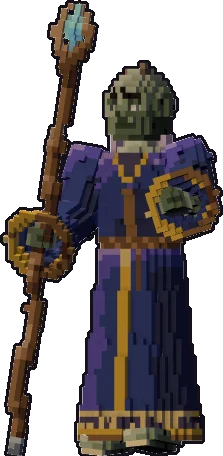 Papermini de zombi mago con estilo de bloques, en pose con bastón